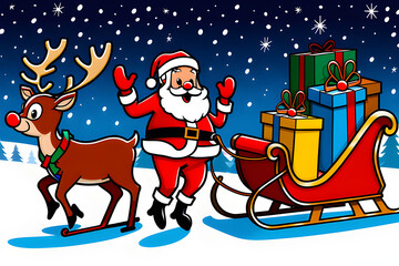 Santa carrying a present and riding a sleigh pulled by Rudolph.
Generative AI
