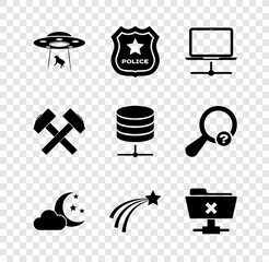 Set UFO abducts cow, Police badge, Computer network, Cloud with moon and stars, Falling and FTP cancel operation icon. Vector