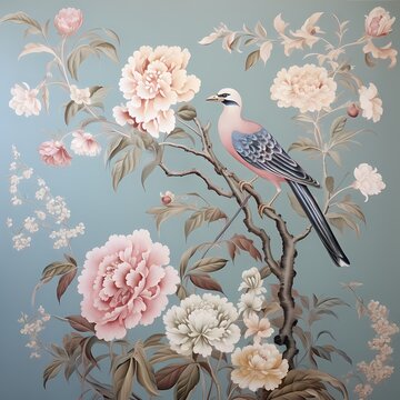 Chinoiserie background with flower and bird super detailed ultra luxury painting style
