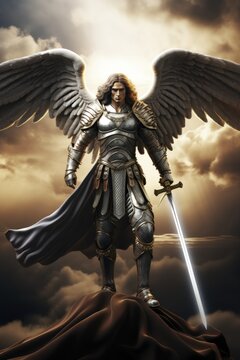 Archangel Michael with wings in knight armor with sword rises in sky. Saint Michael Archangel with long hair protects calm and good from evil impure forces by standing in battle readiness in sky