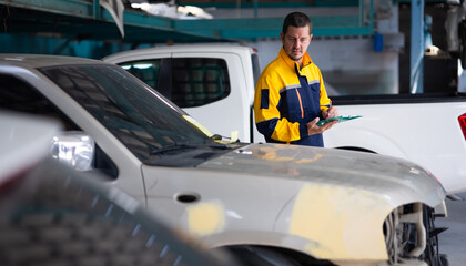 Accident Inspector Inspect damage car caused by car crash on the road. Car insurance agent examining car by Claim form clipboard in garage. Motor insurance