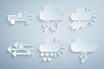Set Cloudy with snow, rain and sun, Wind, Storm, lightning and icon. Vector