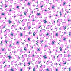 Fototapeta na wymiar Watercolor seamless pattern with pink butterflies. For fabric, textiles, wallpaper