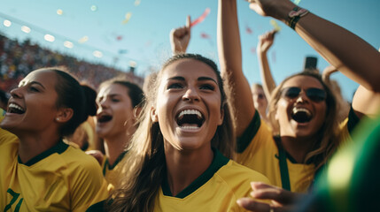 Women wearing the Brazilian national team t-shirt, cheering at the stadium. Generative AI.