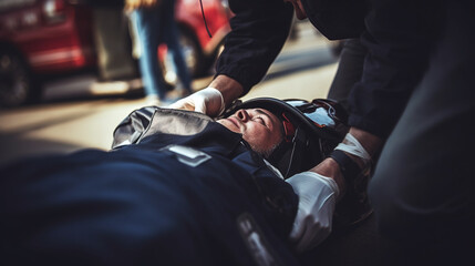 Parachutist helping an injured man in a car accident.