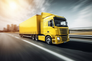 A yellow truck on the road. Blurred background. Generative AI.
