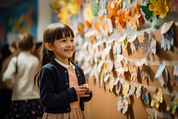 Cute Asian child smiling looking at his class's artwork display. Generative AI.