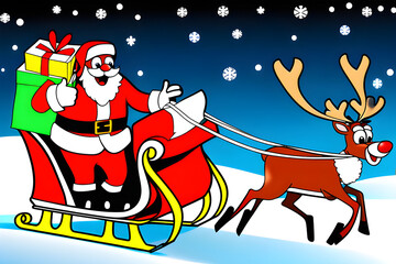 Santa carrying a present and riding a sleigh pulled by Rudolph.
Generative AI