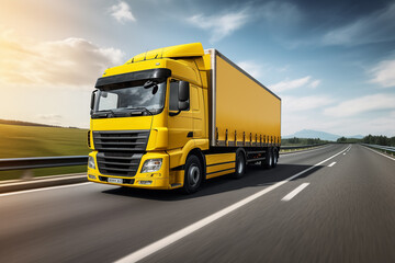 Fototapeta na wymiar A yellow truck on the road. Blurred background. Generative AI.