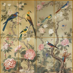 Chinoiserie wall art with flower and bird  super detailed ultra luxury painting style