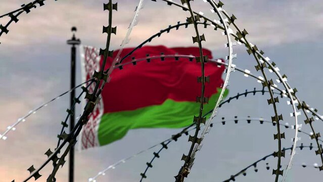 Behind barbed wire flag of Belarus against the sky, 3d rendering. Concept: international sanctions, totalitarian regime, repression of people.