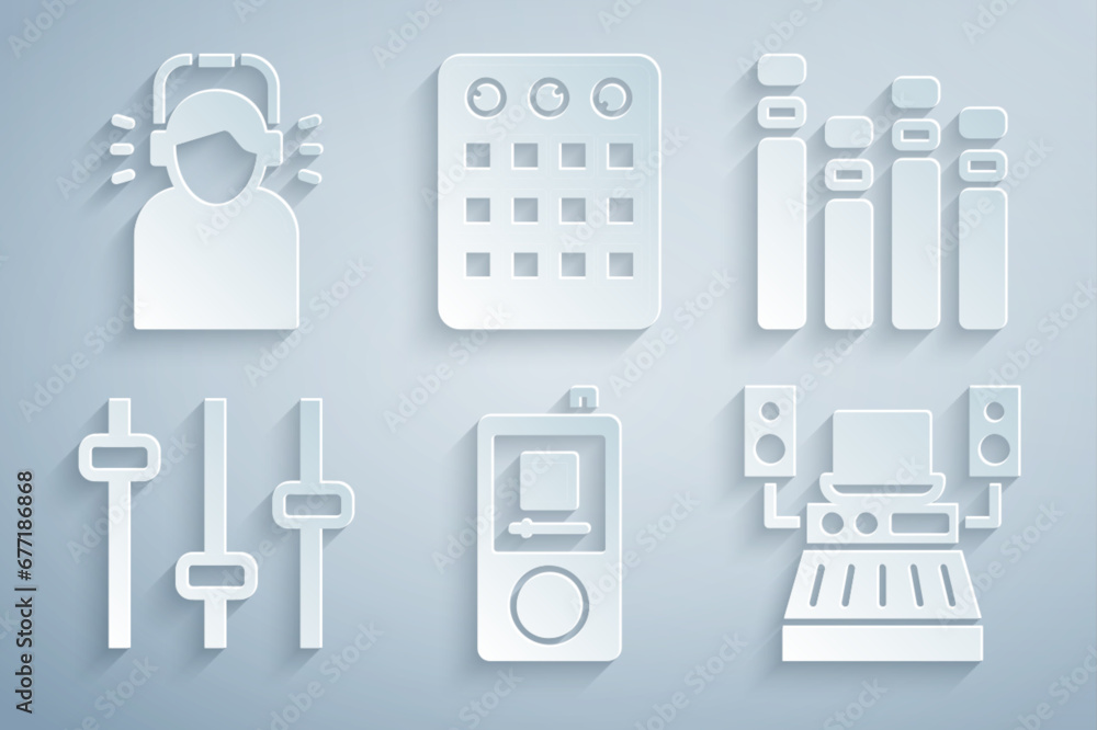 Wall mural set music player, equalizer, recording studio, drum machine and man headphones icon. vector