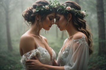 Two happy lesbian LGBT brides wearing
