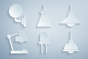 Set Light emitting diode, Chandelier, Table lamp, Lamp hanging, and Wall or sconce icon. Vector