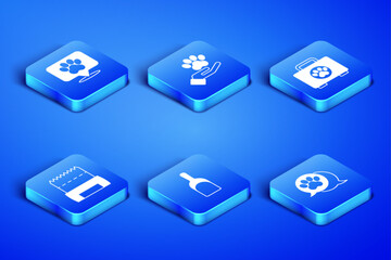 Set Paw print, Location veterinary hospital, Dustpan, Dog shit bag, Hands with animals footprint and Pet first aid kit icon. Vector