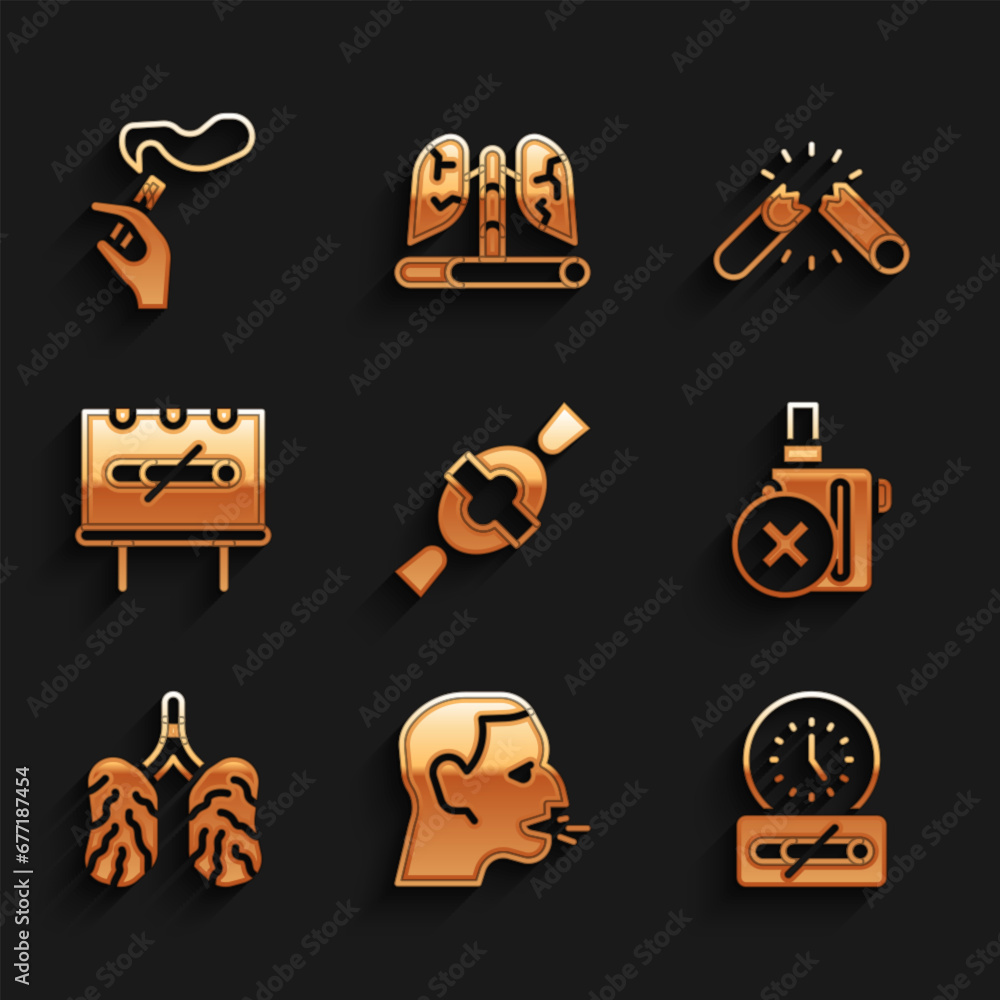 Sticker Set Candy, Man coughing, No smoking time, electronic cigarette, Disease lungs, Broken and Hand with icon. Vector