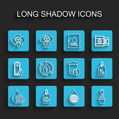 Set line Recycle clean aqua, Tag with recycle, Acid rain and radioactive cloud, Earth planet water drop, Electric saving plug pot, leaf and Lightning trash can icon. Vector