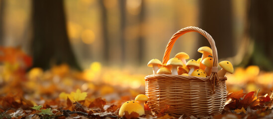 basket of mushrooms on ground, autumn banner, generative ai