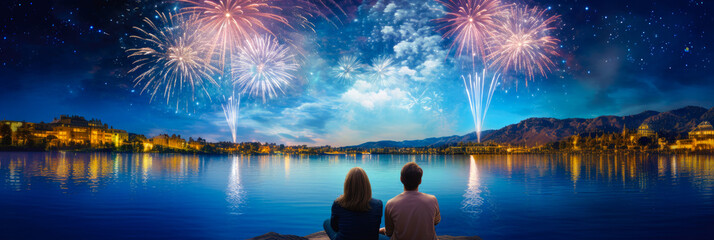 Couple watching the fireworks show from the lake at night - obrazy, fototapety, plakaty