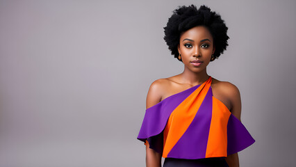 African woman in orange and purple Bardot dress on white background