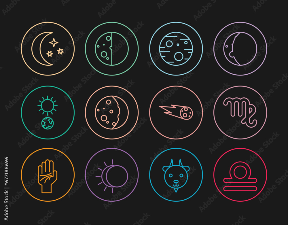 Canvas Prints Set line Libra zodiac, Virgo, Planet Mars, Eclipse of the sun, Solstice, Moon and stars, Comet falling down fast and icon. Vector