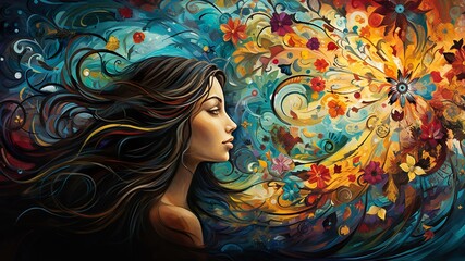 Dreamscape in Canvas - Hier erscheinen die Träume und Ziele der jungen Person als gemalte Bilder oder Symbole, eine kreative Interpretation ihrer Zukunft.
