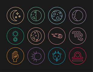 Set line Libra zodiac, Virgo, Planet Mars, Eclipse of the sun, Solstice, Moon and stars, Comet falling down fast and icon. Vector