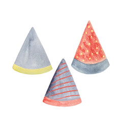 Watercolor fun party hats set isolated on white