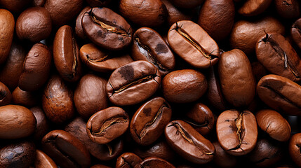 Obraz premium Roasted coffee beans close up background. Copy Space.