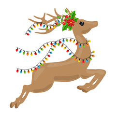 Christmas reindeer with garland and wreath of plants , Santa's reindeer with garland