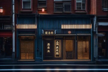 retro futuristic japanese storefront facade , neon glow ensigns , traditional japanese shop vitrine