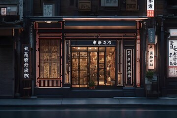 retro futuristic japanese storefront facade , neon glow ensigns , traditional japanese shop vitrine - obrazy, fototapety, plakaty