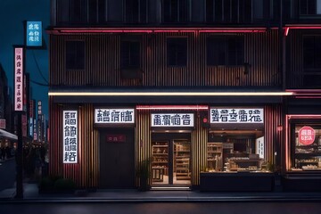 retro futuristic japanese storefront facade , neon glow ensigns , traditional japanese shop vitrine