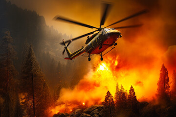 Fire fighting helicopter flying over a large fire in the forest