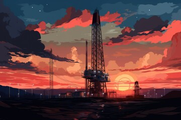 Evening Sky Drilling Rig Silhouette