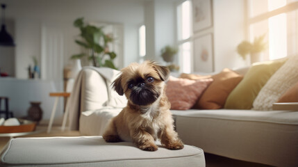 Portrait of a Brussels Griffon dog in an apartment, home interior, love and care, maintenance Sweetheart