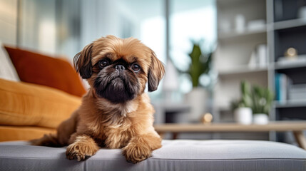 Portrait of a Brussels Griffon dog in an apartment, home interior, love and care, maintenance sofa