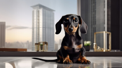 Portrait of a Dachshund dog in an apartment, home interior, love and care, maintenance. multistory
