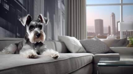 Portrait of a Miniature Schnauzer dog in an apartment, home interior, love and care, maintenance. grey