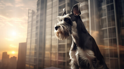 Portrait of a Miniature Schnauzer dog in an apartment, home interior, love and care, maintenance. hope