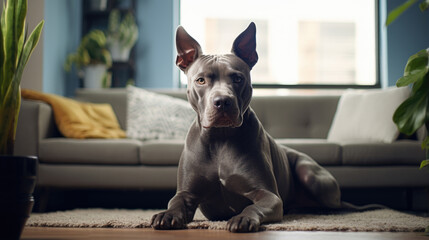 Portrait of a Pit bull dog in an apartment, home interior, love and care, maintenance. Lies