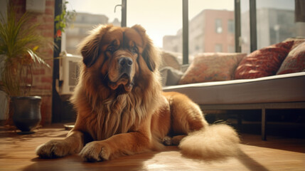 Portrait of a Tibetan Mastiff dog in an apartment, home interior, love and care, maintenance. red - obrazy, fototapety, plakaty