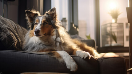 Portrait of a scottish shepherd dog in an apartment, home interior, love and care, maintenance.