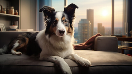 Portrait of a scottish shepherd dog in an apartment, home interior, love and care, maintenance. Lies