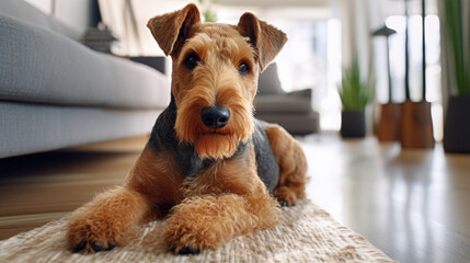 Portrait of a Welsh Terrier dog in an apartment, home interior, love and care, maintenance. - obrazy, fototapety, plakaty