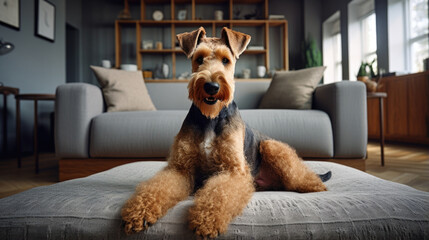 Portrait of a Welsh Terrier dog in an apartment, home interior, love and care, maintenance. Litter