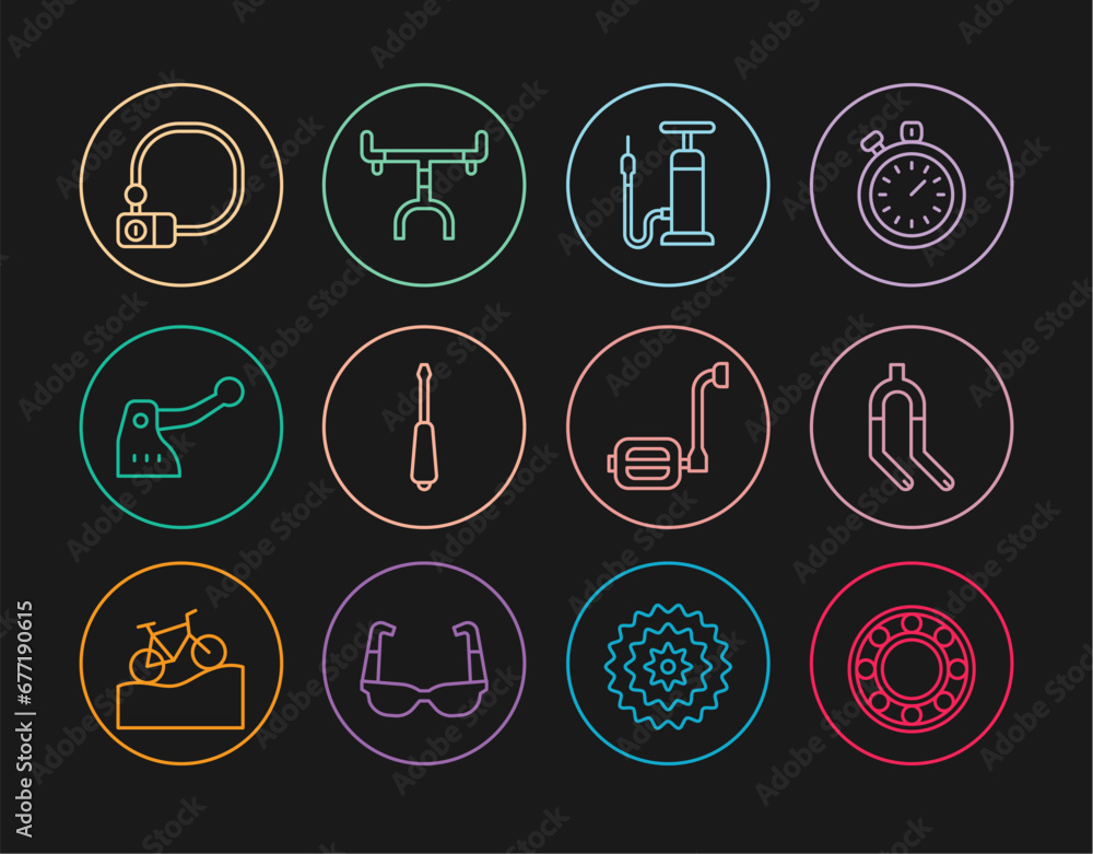 Poster Set line Bicycle ball bearing, fork, air pump, Screwdriver, brake, lock, pedal and handlebar icon. Vector