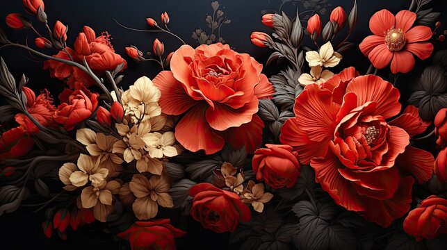 A romantic Victorian floral design, Vintage Floral Print Motif, High Contrast © Daniil