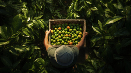 farmer holding a basket of freshly harvested lychees in a tropical orchard
