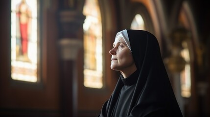 Faithful middle aged Caucasian Catholic nun praying in catholic church. Close-up photo. - obrazy, fototapety, plakaty